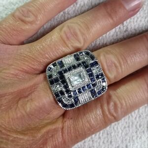 Silvertone square blue clear crystals large cocktail 🍹 ring